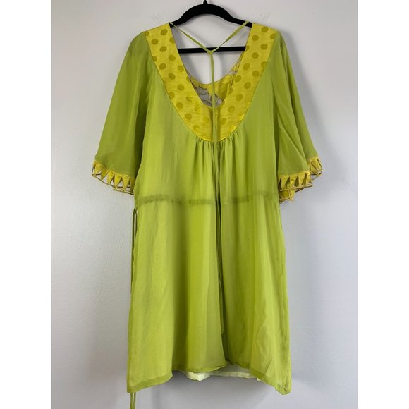 Beau Bois Silk Chartreuse Polka Dot Artsy Dress L - Picture 2 of 12